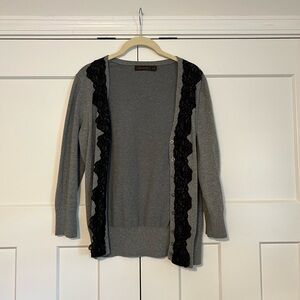 Gray Cardigan with Black Lace Trim